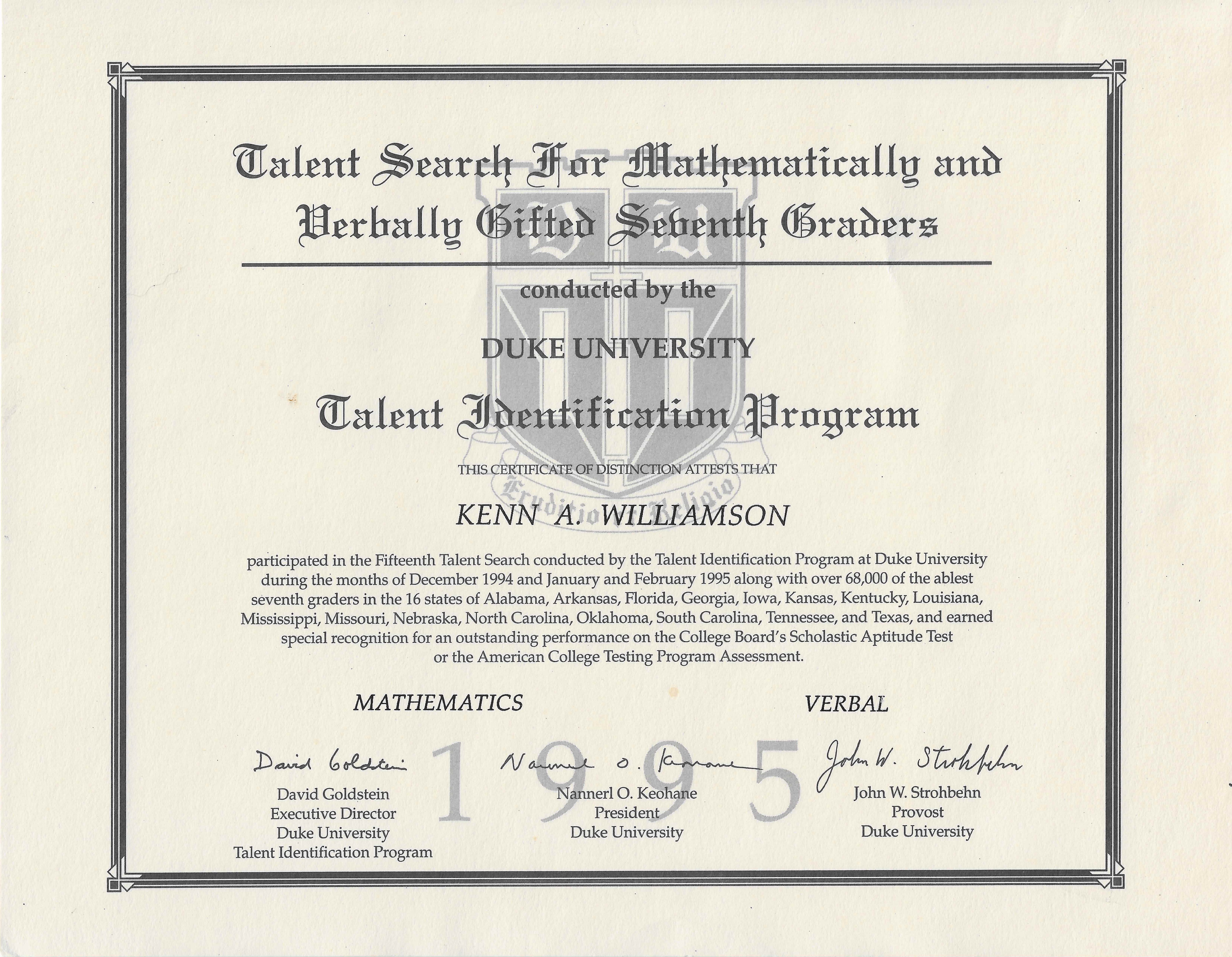 Duke University Talent Identification Program recognition for mathematics and verbal achievement, 7th grade (1994-1995)