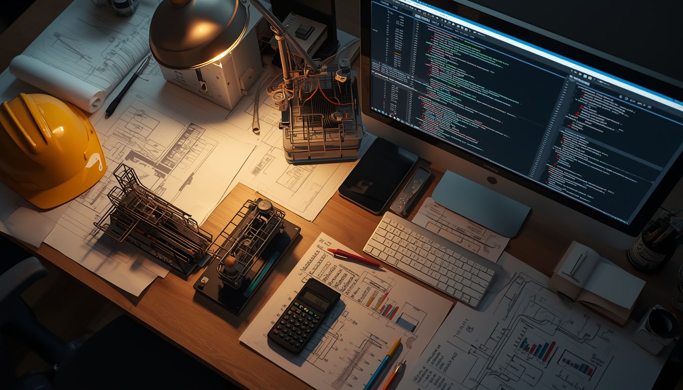 Early career engineering work - desk with blueprints, models, and code